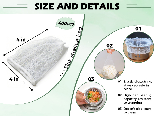 4×4 inch sink strainer bags (400pcs total). Elastic edge and high load-bearing capacity