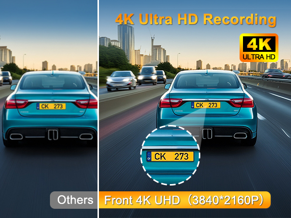 Text reads: '4K Ultra HD Recording', 'Others', 'Front+Rear Ultra (3840*2160P)'. Split image comparing standard and 4K recording of blue cars on highway.