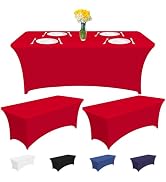 CXPSINC 3 Pack (4FT) Red Stretch Rectangular Tablecloth, 90% Polyester, 10% Spandex, Wrinkle Resi...