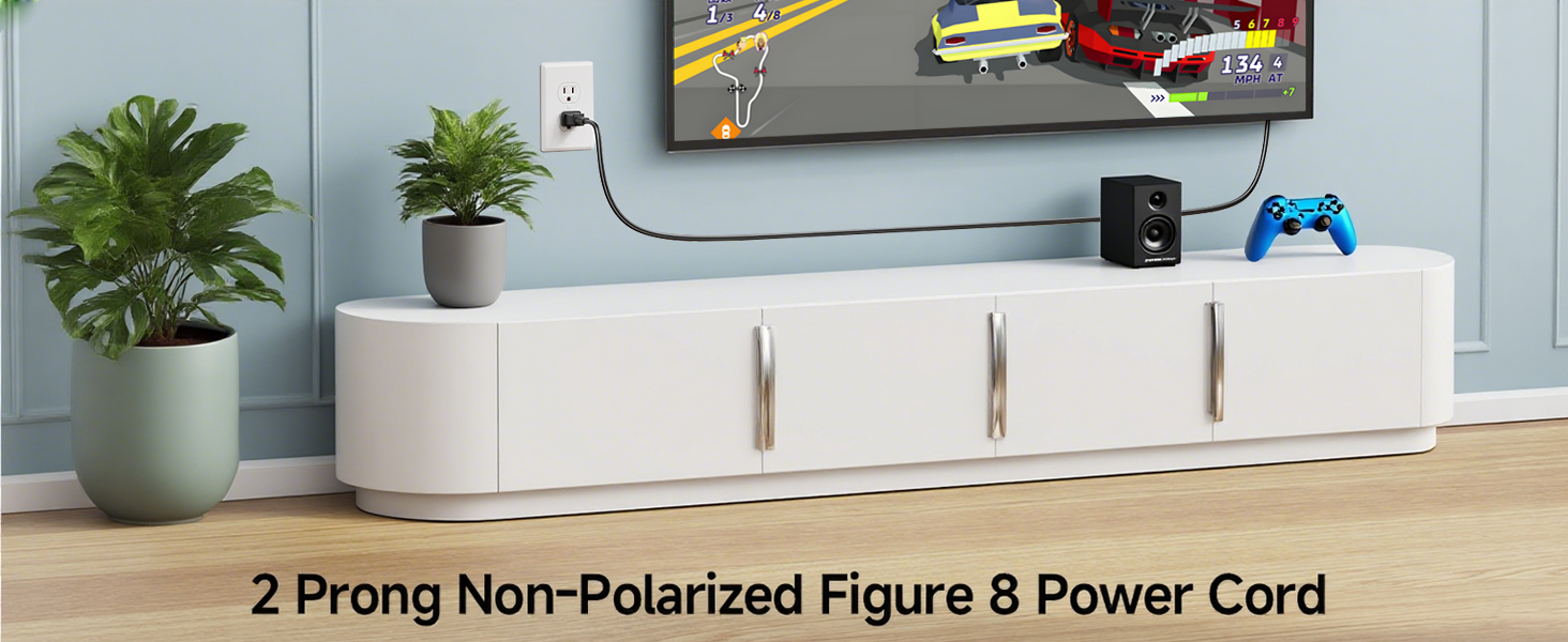 Text reads '2 Prong Non-Polarized Figure 8 Power Cord'. Demonstration of black power cord being connected to electronic device.