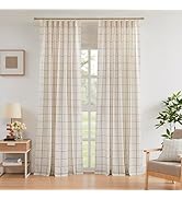 Vision Home Natural Linen Plaid Pinch Pleated Semi Sheer Curtains Checkered Light Filtering Windo...