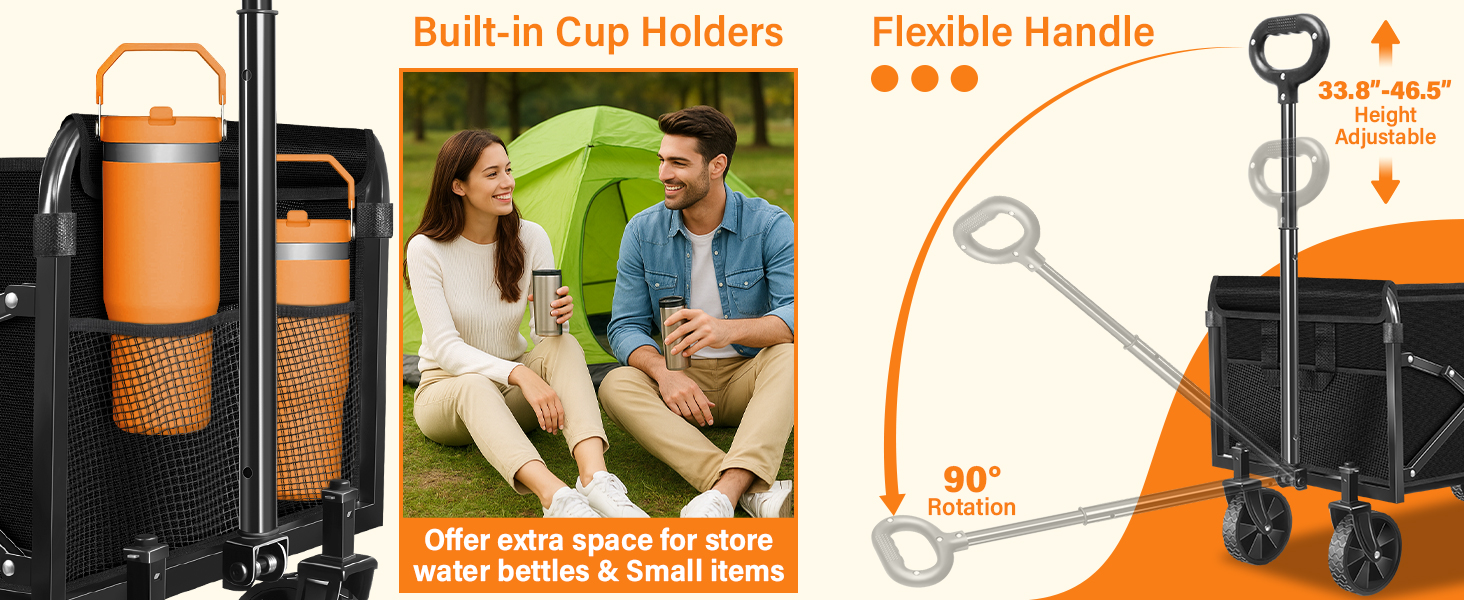 built-in cup holders and a flexible handle with adjustable height (33.8&amp;#34;-46.5&amp;#34;) and 90° rotation.