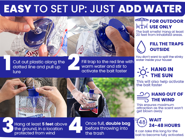 Easy to set up fly repellent outdoor fly traps. Just add water and hang.