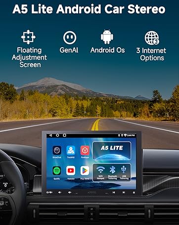 Text reads 'A5 Lite Android Car Stereo'. Series of interface screenshots showing car stereo display with navigation, media controls, and Android Auto integration against road background scenery.