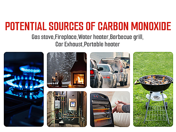 Potential Sources of Carbon Monoxide: Fireplace, Water heater, Barbecue grill, Portable heater