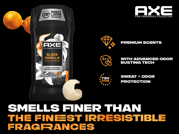 Deodorant against black backdrop with orange, vanilla scoop and 3 icons about scents and protection.