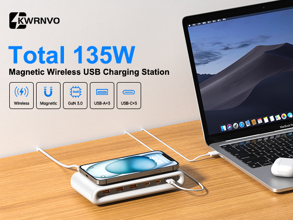 Magnetic usb charging station with 3 usb c ports and 3 usb a ports