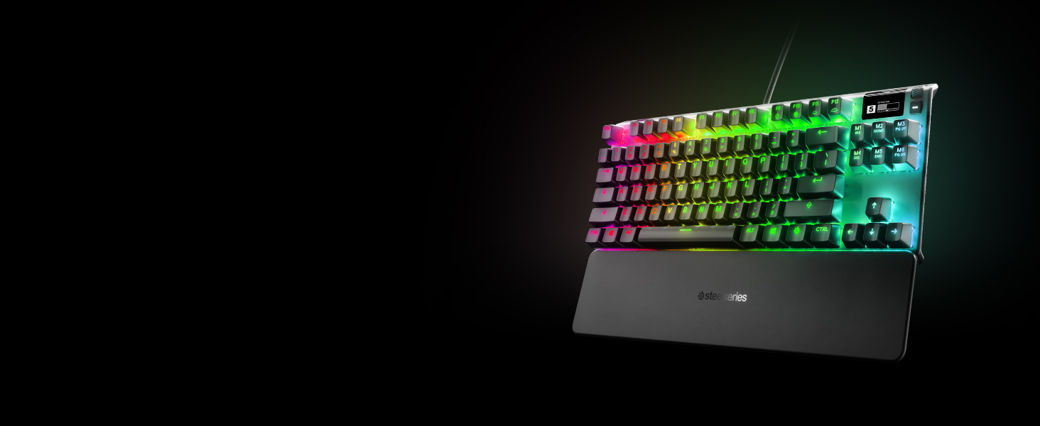 -SteelSeries RGB keyboard and wrist rest floating in space