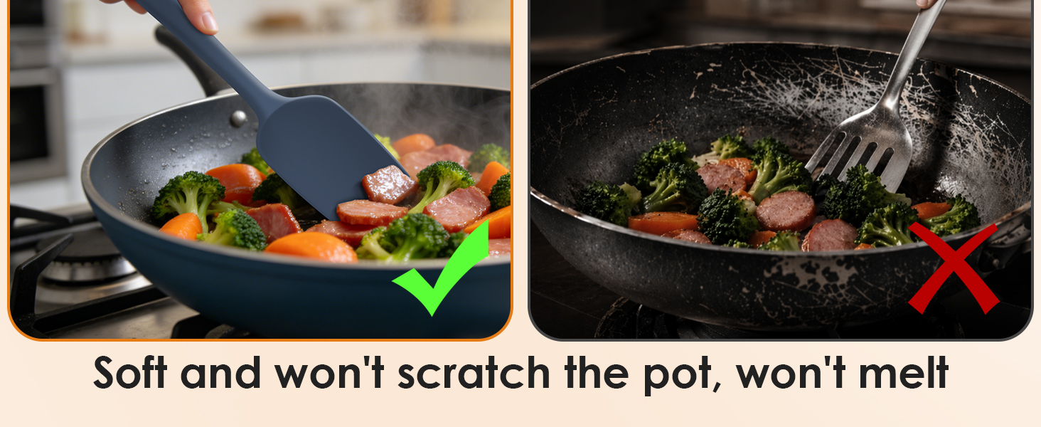 Silicone spatula stirs food without scratching non-stick pans, safe vs metal utensils