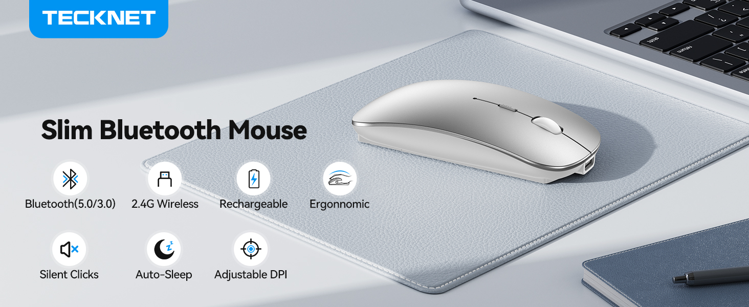 Text reads "TECHNET" logo badge, "Slim Bluetooth Mouse", and four specification icons below. White wireless mouse shown on light blue surface next to keyboard edge.