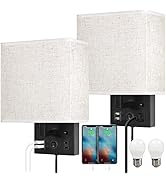 CADUKE Bedside Wall Lamp Set of 2, Plug in Wall Sconce with USB Charging Port and AC Outlet, Mode...