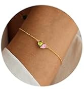 RLMOON Gold Bracelets for Women Dainty 2 Birthstones Heart Bracelet 14K Gold Plated Red CZ Bracel...