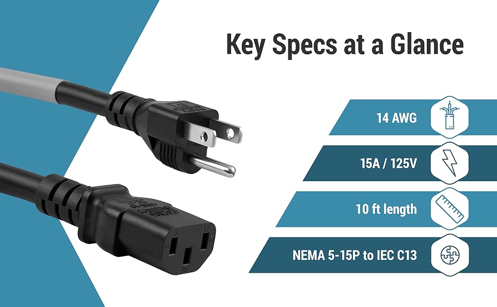14 AWG power cord&amp;#39;s NEMA 5-15P and IEC C13 connectors showing 14 AWG, 15A 125V, and 10 ft length.
