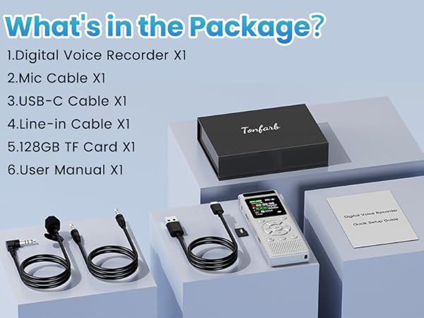 Product List:Digital Voice Recorder/Mic Cable/USB-C Cable/Line-in Cable/128GB TF Card/User Manual