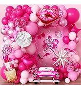 106pcs Hot Pink Balloon Garland Arch Kit with Giant Lipstick, Kiss Lips &amp; Disco Ball Foil Balloon...