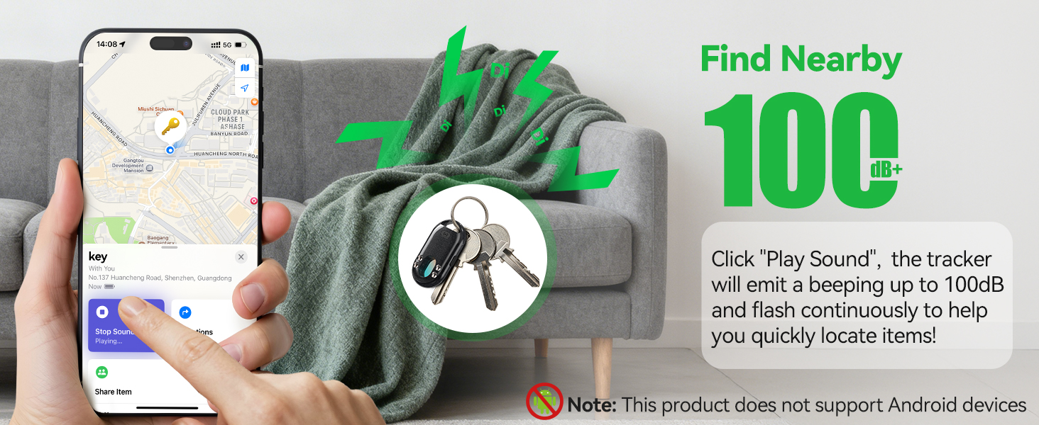 uses a phone map to locate a keychain with tracker, which is beeping from under a blanket on a sofa