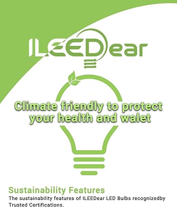 Text reads 'iLEEDear' with 'Climate friendly to protect your health and wallet!' and 'Sustainability Features' on green background with lightbulb icon.