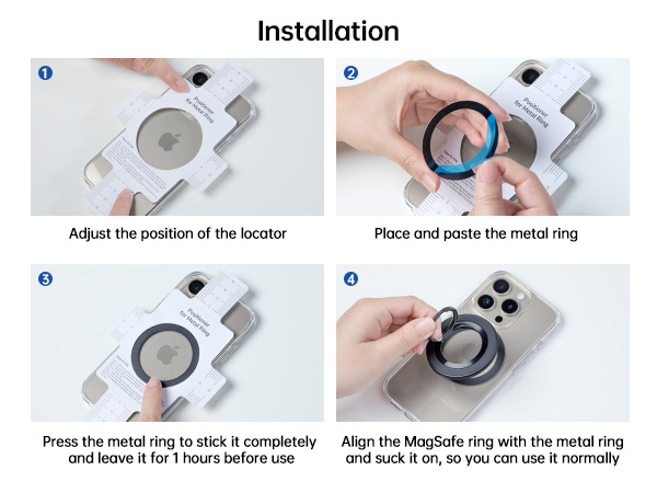 Four-step installation guide for MagSafe phone ring. Shows adjusting locator, placing metal ring, pressing for adhesion, and aligning ring with phone case for magnetic attachment.