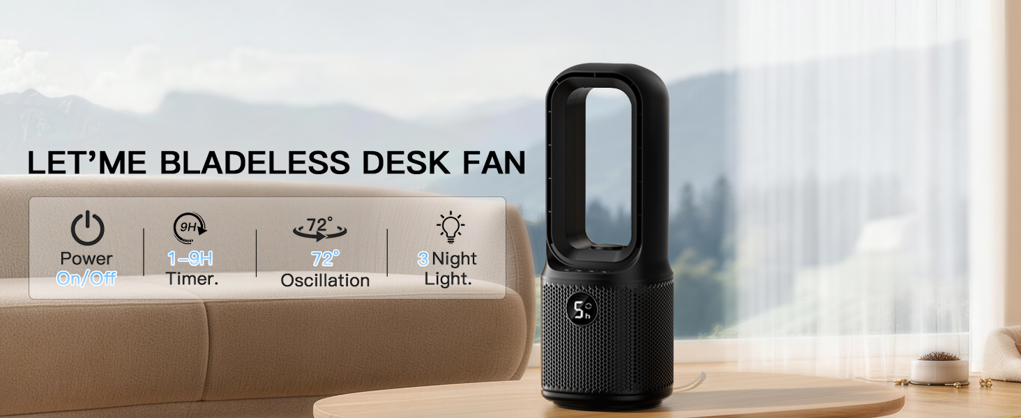 Bladeless desk fan 1-9 hour timer, 72° oscillation,3-level night light for bedside or office desk.