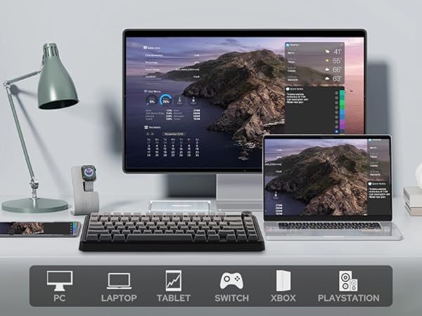 a desk with a laptop, a keyboard, a monitor, and a keyboard.