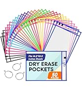 BainGesk 50 Packs Dry Erase Pockets Sleeves with 3 Rings, 10 Assorted Colors 10 x 14 Inch Dry Era...