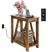 WLIVE Farmhouse End Table, Narrow Side Table with Charging Station, Slim End Table, Side Table fo...