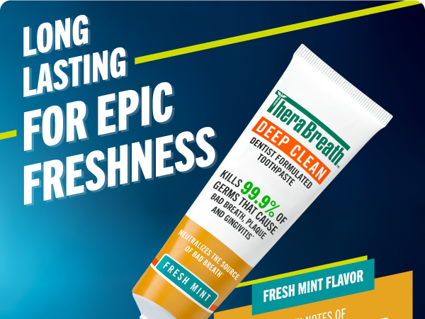 A tube of therabreath deep clean toothpaste on a blue background conveys a refreshing tone