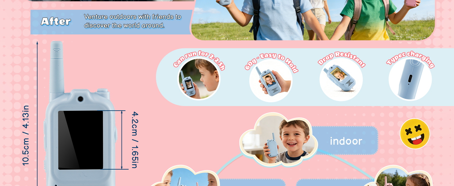 This toddler walkie talkies adds a visual storytelling element to indoor and outdoor games for kids