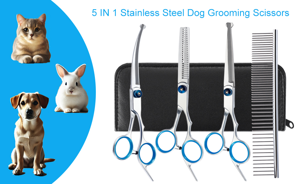 Professional 5 in 1 Dog Grooming Scissors Set with Safety Round Tips