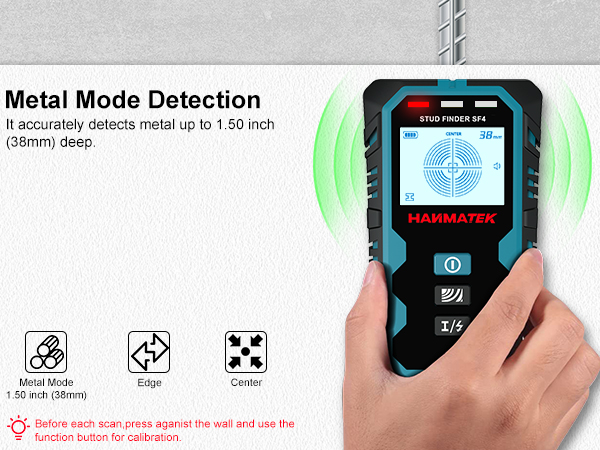 Text reads 'Metal Mode Detection'. Screen interface showing metal detection functionality with icons and status indicators on a mobile device.