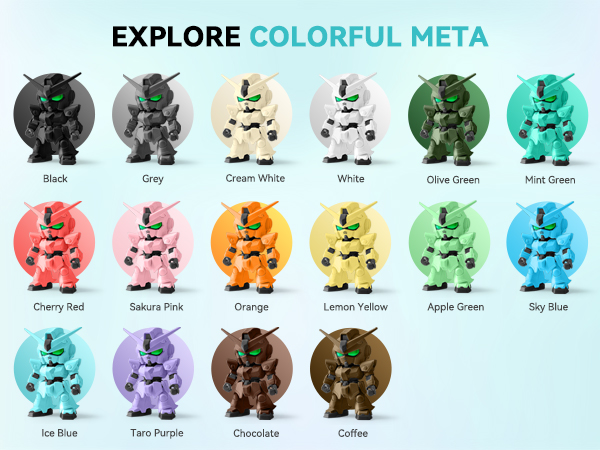 Grid of 16 small robot-like figurines in various colors including black, grey, cream, white, green, red, pink, yellow, blue, purple, and brown. Each figure has a similar shape with rounded body and antenna.