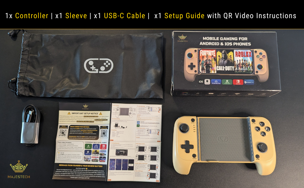 What Comes Inside - Mobile Game Controller with Sleeve, USB Cable and Setup Guide