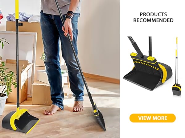 Broom and dustpan set with yellow accents. Person sweeping hardwood floor near cardboard boxes. Product image shows broom, dustpan, and handle details.