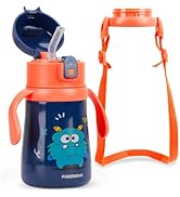 PHEENOWL 12 oz Kids Insulated Water Bottle with Straw Lid Handles &amp; Strap - SUS 316 Stainless Ste...