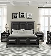 Renova Vintage Black Wood Bedroom Set, King Panel Bed, Dresser, Mirror, Two Nightstands, Chest