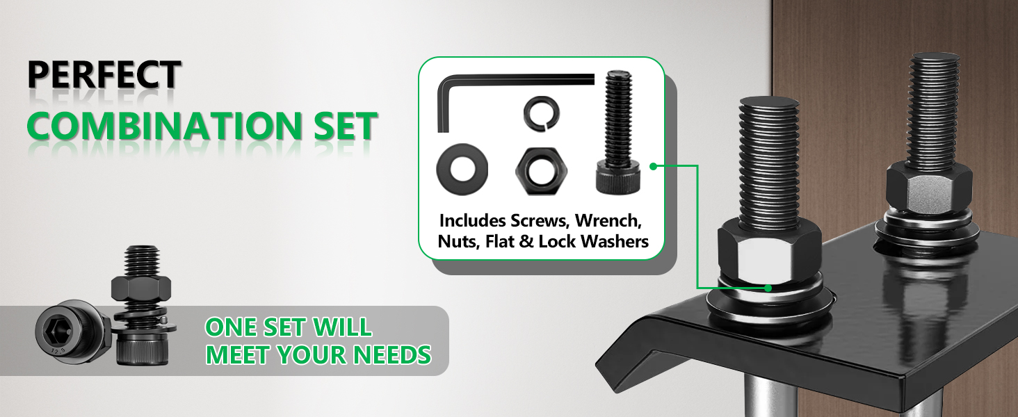 Hardware combination set showing black metal mounting screws, nuts, washers and wrench components with text explaining included parts.