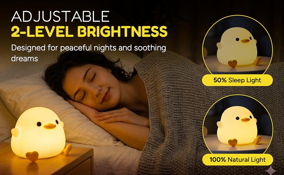 Duck night light with two adjustable brightness levels beside a sleeping woman.