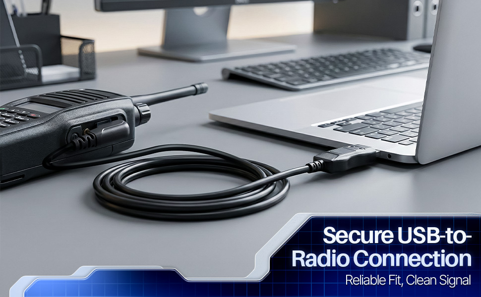 USB cable linking laptop to handheld radio, emphasizing Baofeng programming cable ftdi and ftdi