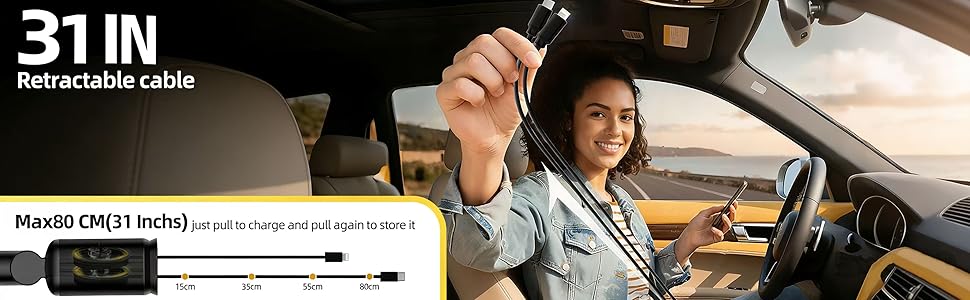 Retractable Car Charger with 31-Inch Cables 4 in 1 Fast Car Charger USB C Car Adapter