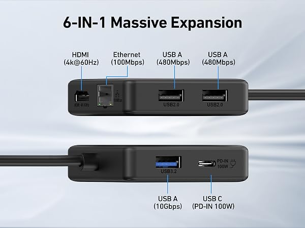 BENFEI USB C HUB 6in1 with HDMI(4K@60Hz), 100Mbps Ethernet, 100W PD, 1*USB 3.2 &amp; 2*USB 2.0