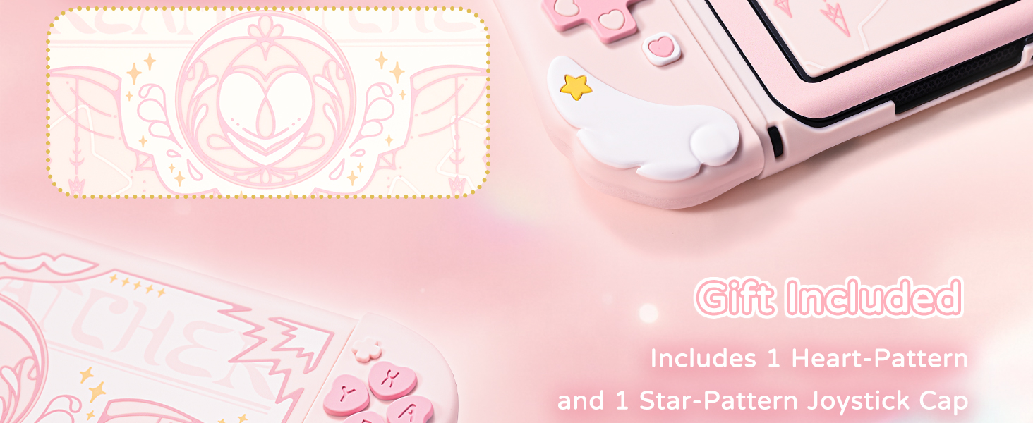 Text reads 'Gift Included' and 'Includes 1 Heart Pattern and 1 Paw Pattern Joyshide Cap'. Pink-tinted product image showing gaming-related accessories.