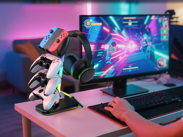 RGB Gaming Headset Stand &amp; Controller Holder with Charging Station