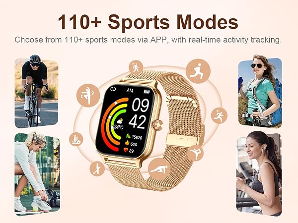 Text reads '110+ Sports Modes' and 'Choose from 110+ sports modes via APP, with real-time activity tracking.' Gold mesh smartwatch with digital display showing time, surrounded by activity tracking icons and lifestyle photos of users exercising and in casual wear.