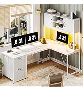 SEDETA White L Shaped Office Desk, Farmhouse Home Office Desk with Fabric File Drawers and Power ...