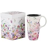 Topadorn Ceramic Travel Mugs Porcelain Latte Tea Cup Coffee Mug with Gift Box, 17oz. Pink Garden