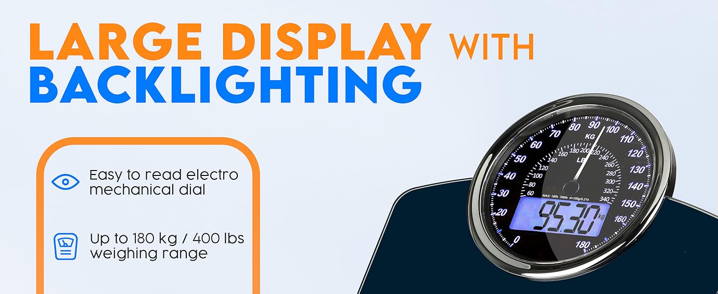 Text reads 'LARGE DISPLAY WITH BACKLIGHTING'. Multiple product photos showing a digital kitchen scale with backlit display, demonstrating weighing functionality.