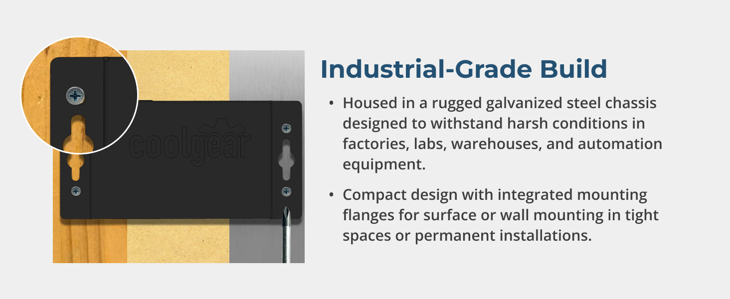 Galvanized steel enclosed USB charging block with integrated mounting flanges for secure wall
