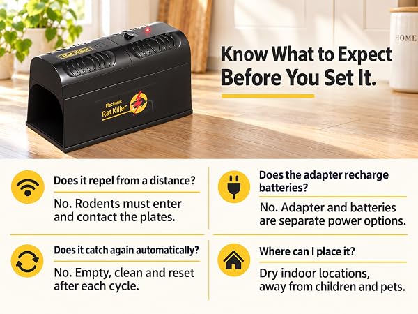 Electric trap beside concise FAQs about contact activation, power, resetting and indoor use.