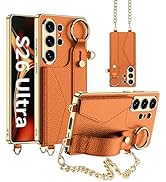 LIDEEYA for Samsung Galaxy S26 Ultra Case with Gold Frame Card Holder Metal Chain Finger Ring Ant...