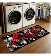 ANNA QUEEN Red Rose Valentine's Day Laundry Room Rug 20x47 Inch – Black Background Floral Non Sli...